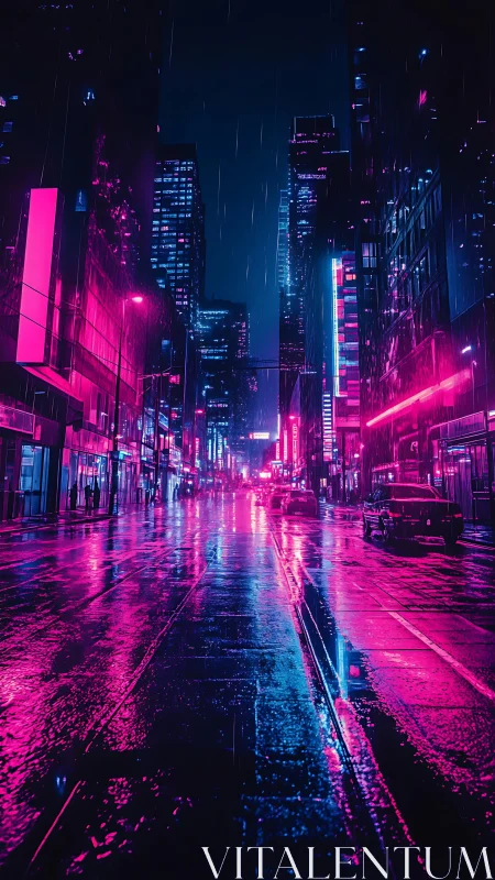 Nocturnal neon avenue under chromatic rain reflections.