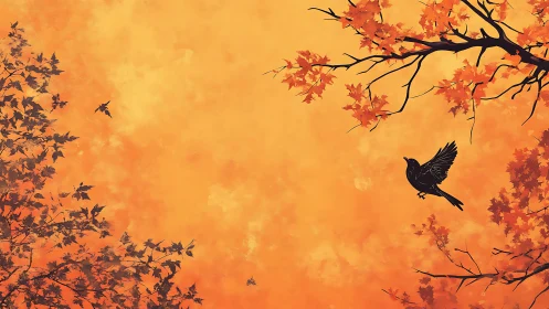 Midair blackbird writes calligraphy across molten autumn sky