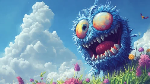 Fluffy sky-beast laughs loudly across candy-colored meadow