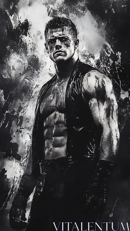 Storm-scarred warrior rises from splattered monochrome chaos.