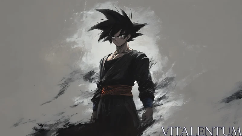 Dark haired anime warrior stands in loose painted mist.