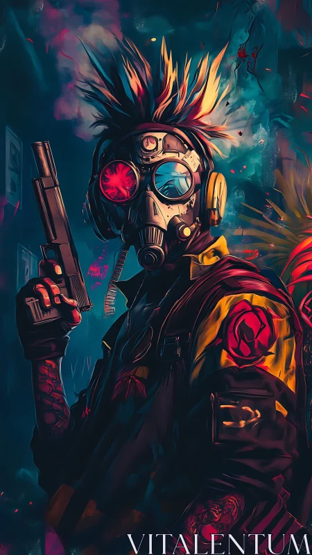 Neon mask rebel in a smoky cyberpunk backstreet vigil.