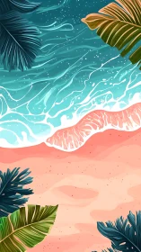 Tropical beach illustration with waves and lush palm leaves.