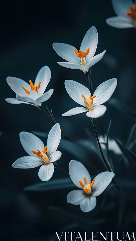 White Crocus Flowers with Orange Stamens on Dark Background