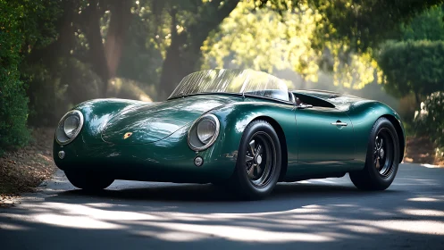 Classic green Porsche roadster gleams in sunlit forest lane.