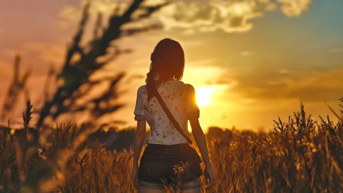 Golden hour walk with a lone dreamer in tall summer grass.