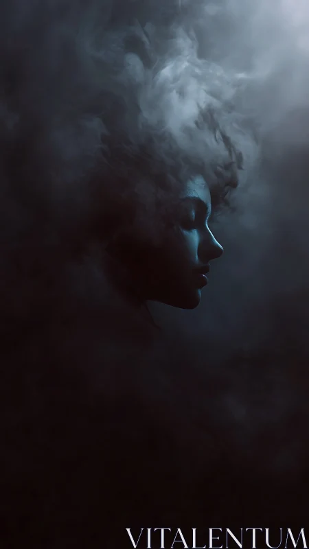 Moonlit silhouette adrift in swirling midnight vapor.