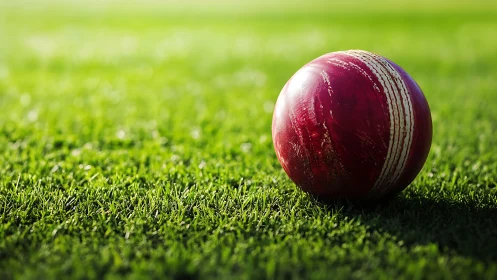 Cricket ball resting on green grass field under daylight.