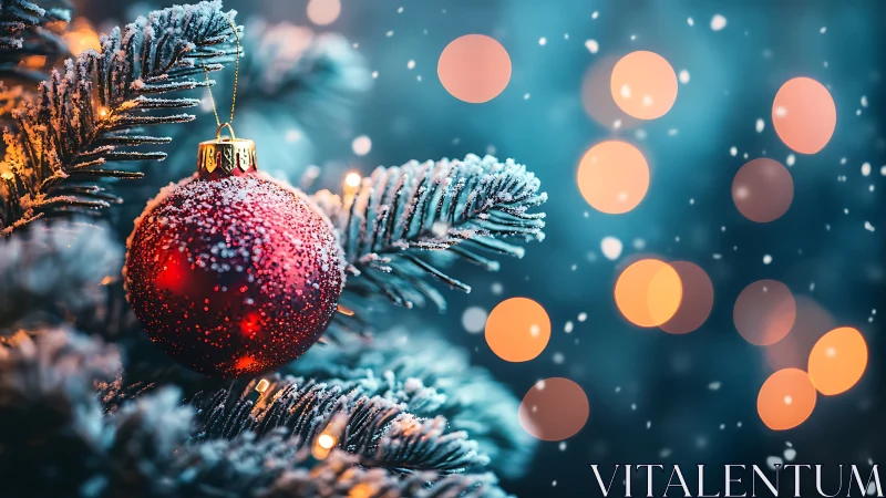 Red glass ornament on frosted evergreen branch at night.