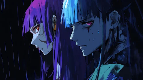 Two sorrowful anime warriors stand in neon-soaked rain