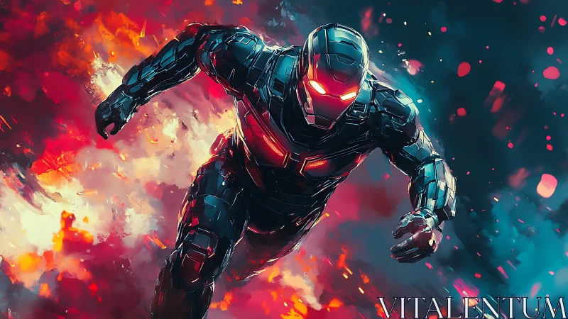 Steel comet charges through firestorm in neon-slick armor