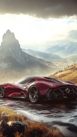 Red futuristic sports car on wet mountain road at dusk.