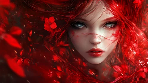 Crimson-haired ethereal portrait merges flora with luminous gaze