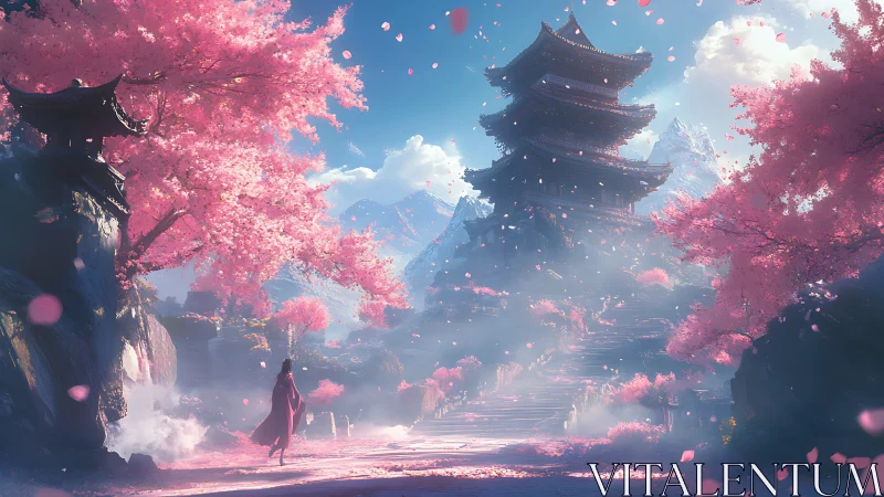 Cherry blossom valley with tiered pagoda and lone figure.
