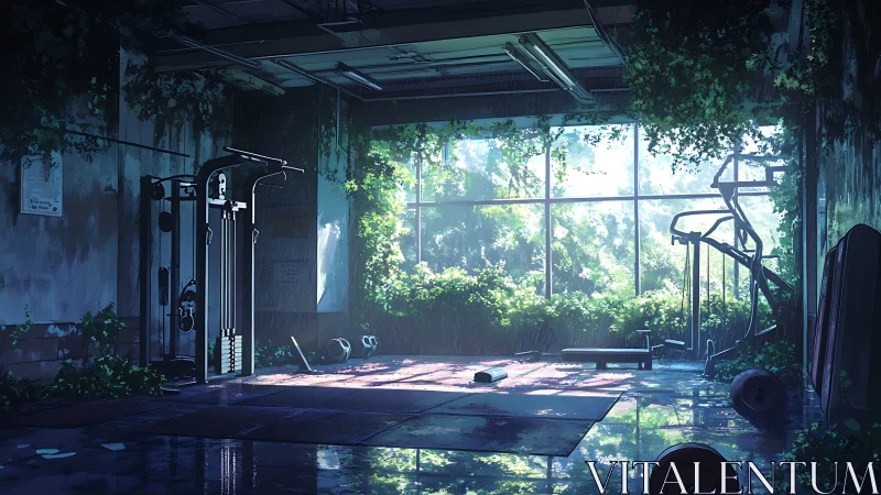 Sunlit jungle gym reclaiming a forgotten urban workout room.