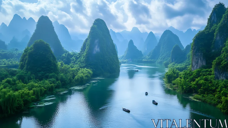 Emerald karst towers guarding a mist-blue river passage.