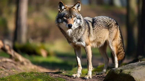 High-resolution side profile of gray wolf in shallow woodland depth