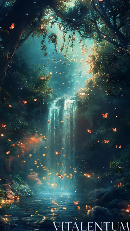 Whispering waterfall grove with ember-bright butterflies.