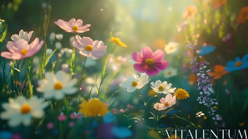 Depth-blurred garden scene with cosmos flowers in varied color saturation.