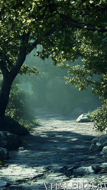 River flowing through dense forest canopy with dappled sunlight