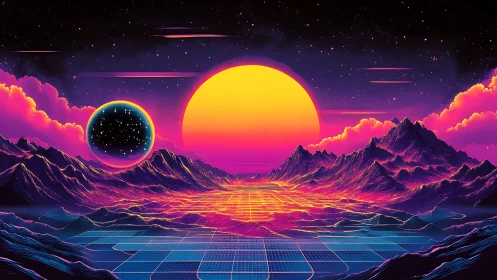 Neon sunset welcomes a dreamy sci fi valley of glowing grids