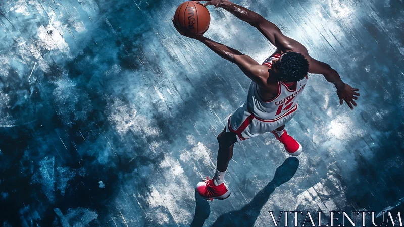 Soaring basketball player stretching for a powerful slam dunk.