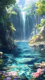 Sunlit alpine waterfall descends into crystalline canyon lagoon