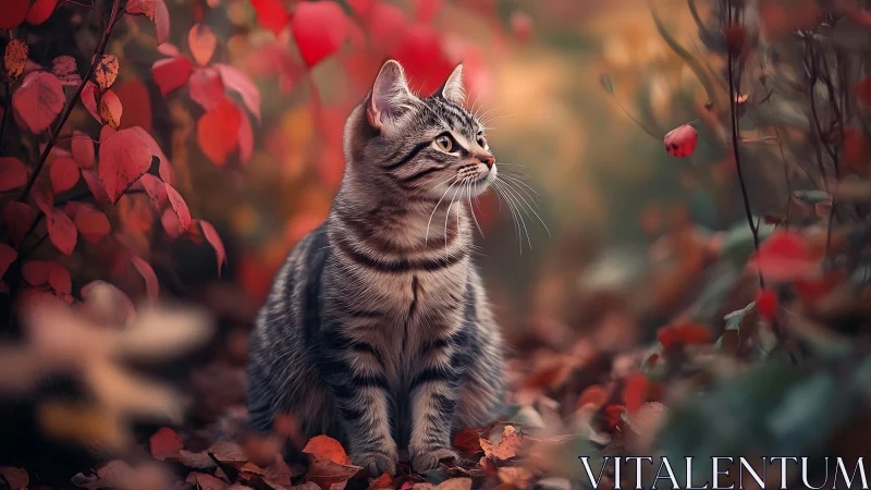 Tabby cat among autumnal foliage and berries.