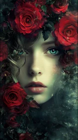 Female face framed by red roses in dense floral surround.