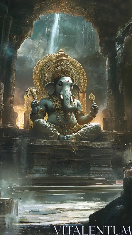Elephant-headed deity statue in ruined stone temple interior.