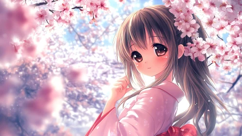 Anime girl stands under dense cherry blossoms in soft light
