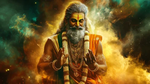 Divine sage in cosmic light with radiant spiritual aura.