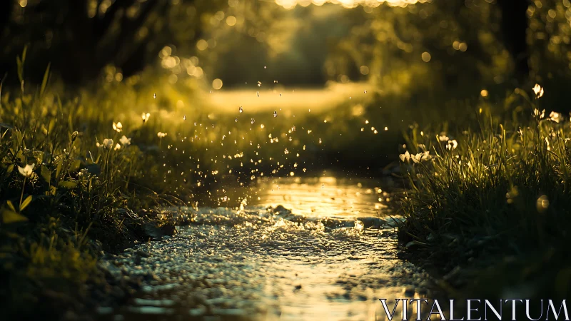 Golden hour creek with sparkling water droplets in motion.