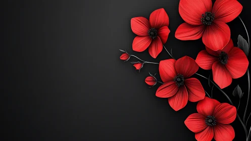 Red Cosmos Flowers Against Black Background with Textural Detail.
