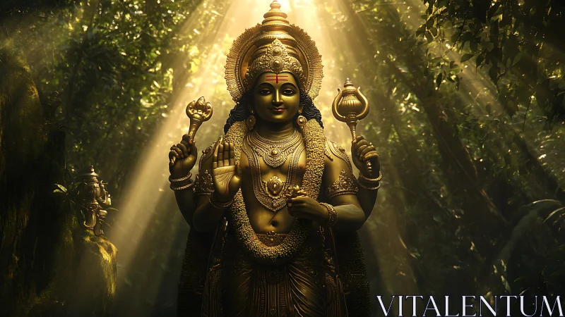 Golden forest deity sculpture under dramatic light rays.