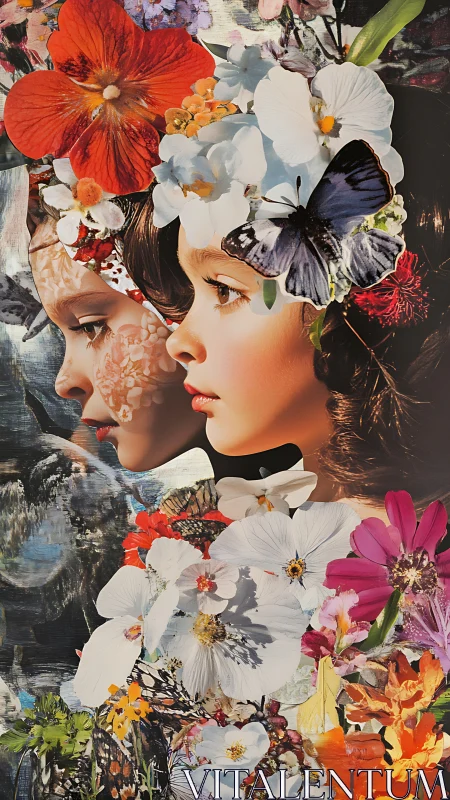 Floral double-portrait collage with surreal botanical overlay.