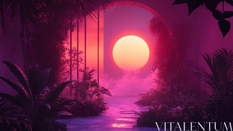 Glowing sun framed by tropical foliage in neon corridor