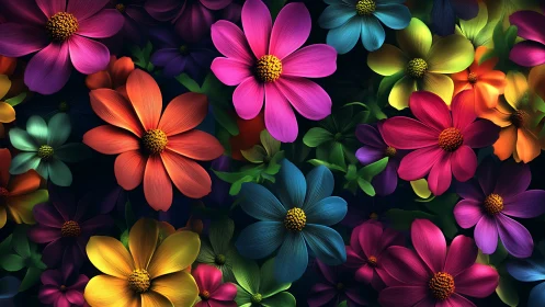 Vibrant Cosmos Flowers: Radiant Digital Blooms Against Dark.