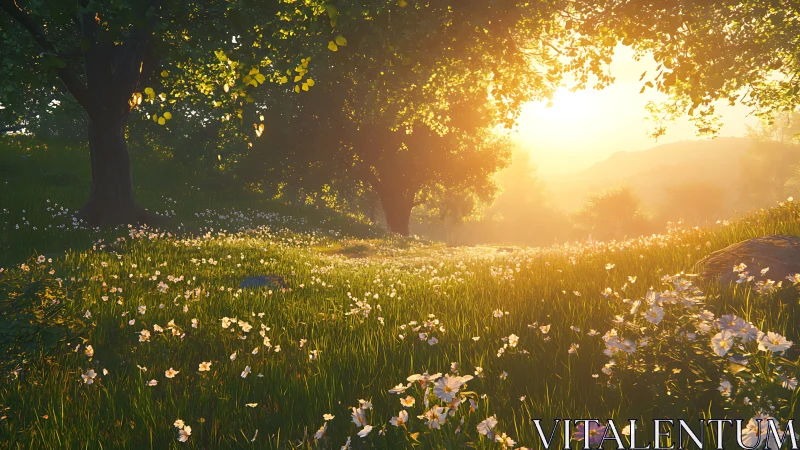 Volumetric sunrise scattering through flowering meadow canopy.