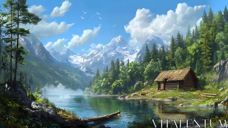 Remote wooden cabin beside alpine lake and forested peaks.