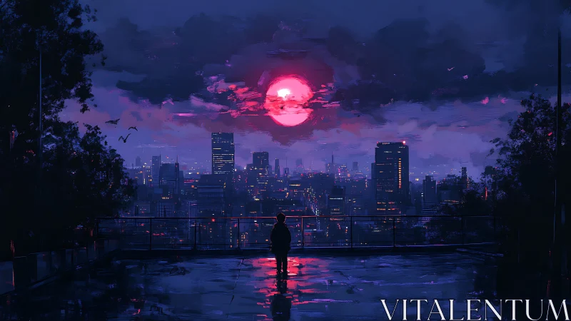 Solitary figure on rooftop observing neon city sunset sky.