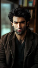 Cinematic portrait of intense man in brown coat indoors.