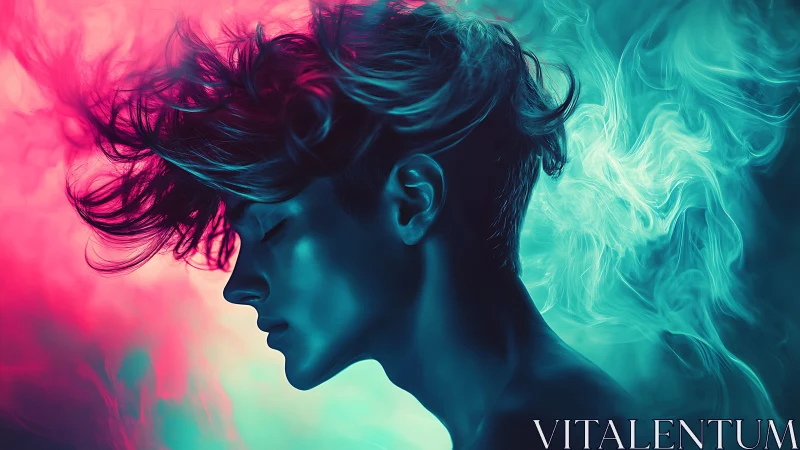 Dreamy neon portrait of a serene soul in swirling colors.
