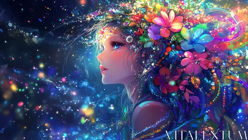 Luminescent anime portrait fusing floral motifs and cosmic bokeh
