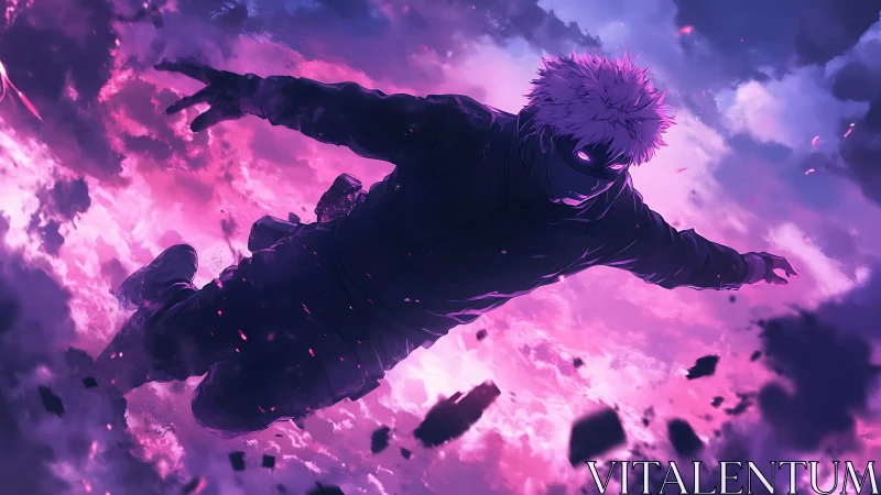 Masked anime fighter dives through glowing storm clouds