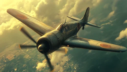 WWII radial-engine fighter aircraft in cinematic golden-hour clouds
