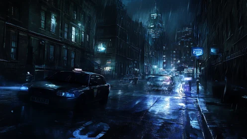Rain-soaked cyberpunk city street glows in neon blue night.