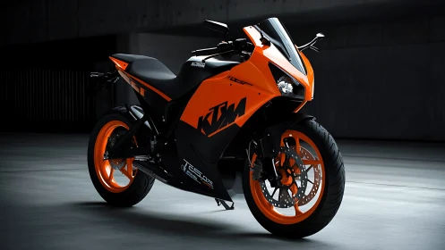 KTM orange sport motorcycle in studio, front three-quarter view