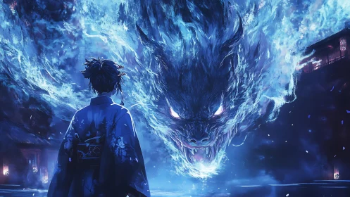 Kimono-clad figure facing large spectral blue fox spirit.