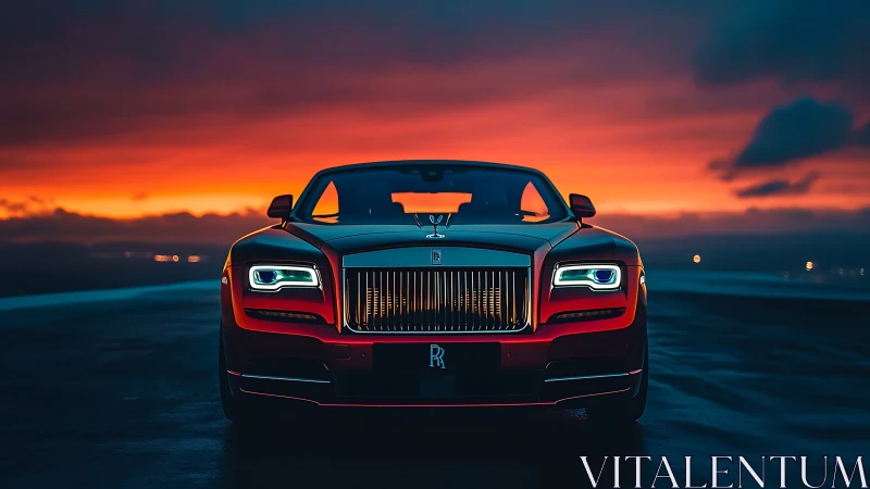 Front view red luxury coupe under vivid sunset sky.